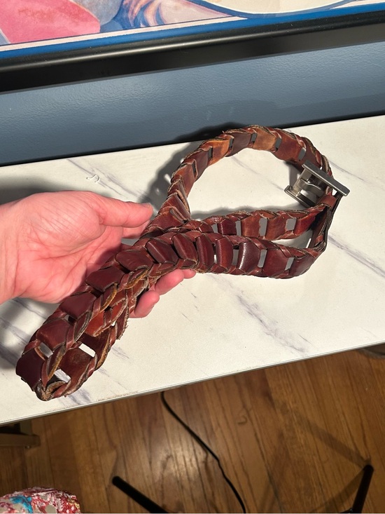 Calvin Klein Accessories - Calvin Klein Woven Brown Leather Belt with Brushed Silver Buckle